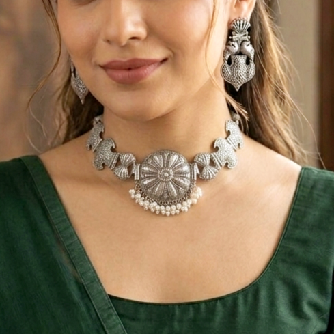 Floral Antique Oxidized Silver Choker Set